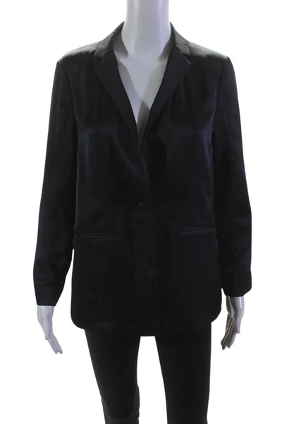 Theory Womens Crushed Satin Long Sleeves Single Button Jacket Blue Size 0