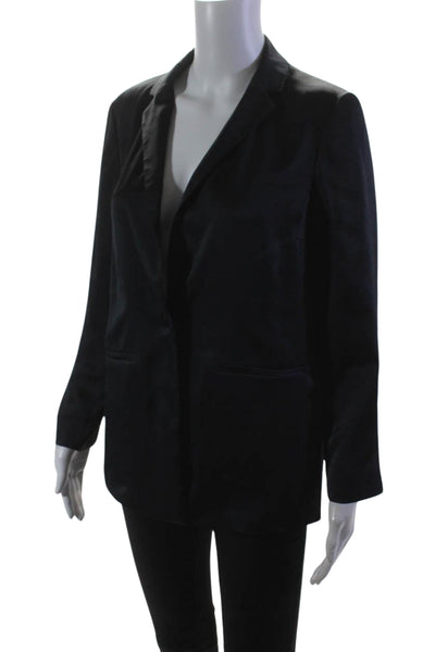 Theory Womens Crushed Satin Long Sleeves Single Button Jacket Blue Size 0