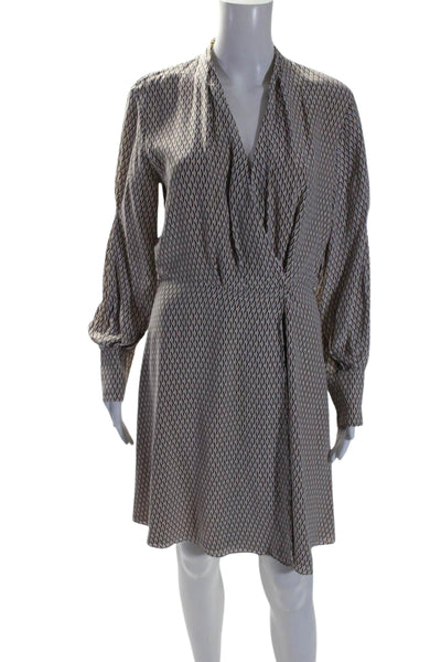 Equipment Femme Womens Abstract Print Long Sleeve V Neck Wrap Dress Beige Size 6