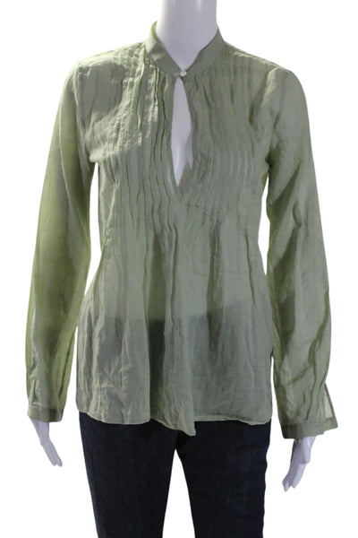 Theory Women's Round Neck Long Sleeves Pintuck Blouse Green Size S