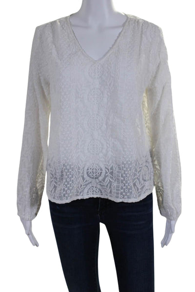 Joan Vass Womens Long Sleeve V Neck Embroidered Top Blouse White Size Small