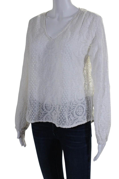 Joan Vass Womens Long Sleeve V Neck Embroidered Top Blouse White Size Small