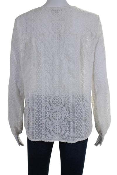 Joan Vass Womens Long Sleeve V Neck Embroidered Top Blouse White Size Small