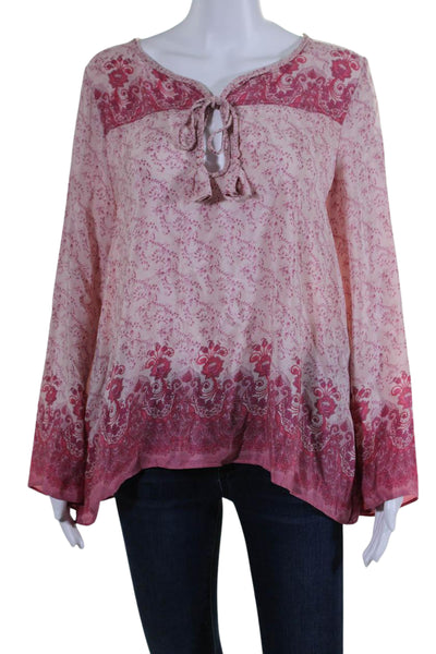 Calypso Saint Barth Womens Long Sleeve Keyhole Floral Silk Top Pink Size Medium