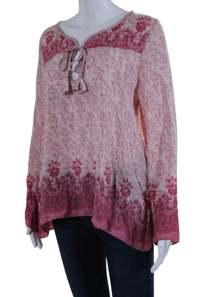 Calypso Saint Barth Womens Long Sleeve Keyhole Floral Silk Top Pink Size Medium