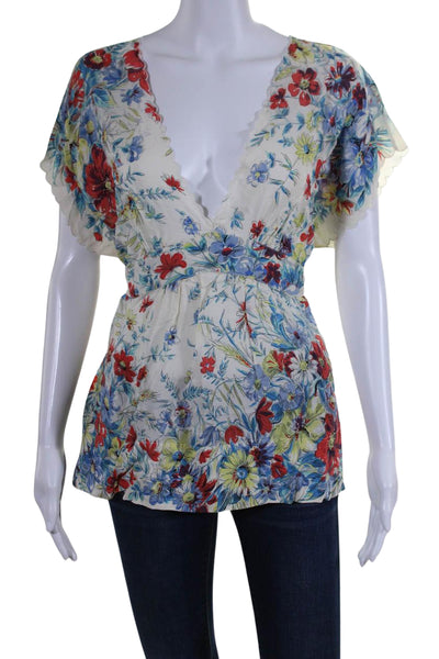 Whistles Womens Short Sleeve V Neck Tie Front Floral Silk Top White Multi Size 8