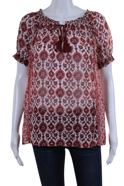 Joie Womens Short Sleeve Keyhole Silk Floral Top Blouse White Red Size Large