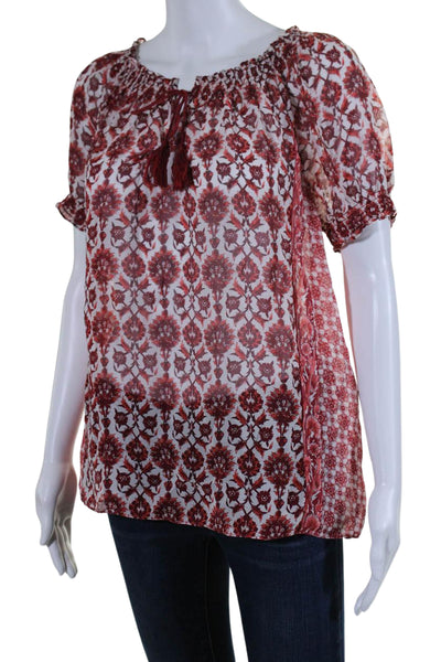 Joie Womens Short Sleeve Keyhole Silk Floral Top Blouse White Red Size Large