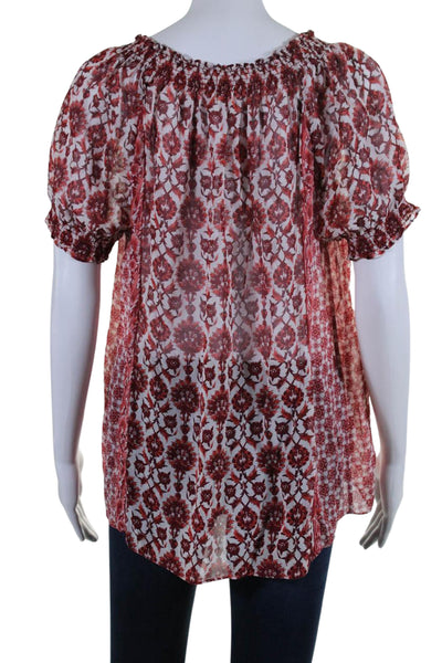 Joie Womens Short Sleeve Keyhole Silk Floral Top Blouse White Red Size Large