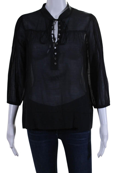 Theory Womens Cotton Long Sleeve V Neck Lightweight Sheer Blouse Black Size P