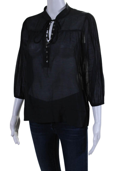 Theory Womens Cotton Long Sleeve V Neck Lightweight Sheer Blouse Black Size P