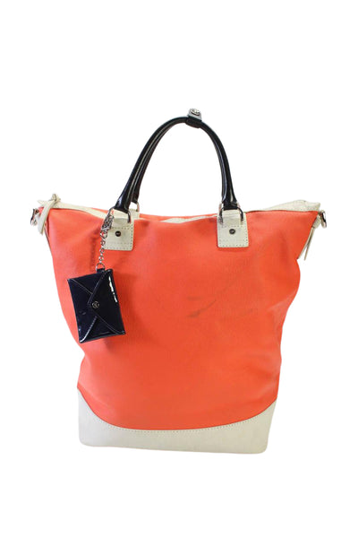 DVF Womens Canvas Silver Tone Sporty Drew Bucket aShoulder Handbag Orange White