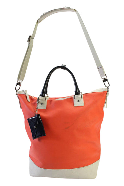 DVF Womens Canvas Silver Tone Sporty Drew Bucket aShoulder Handbag Orange White