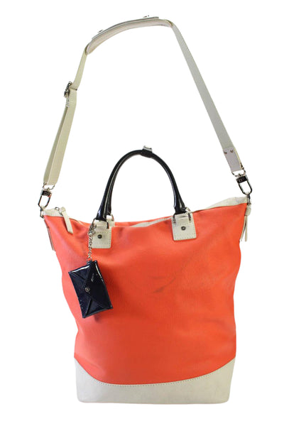 DVF Womens Canvas Silver Tone Sporty Drew Bucket aShoulder Handbag Orange White