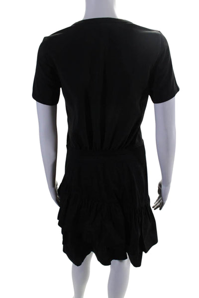 Veronica Beard Jeans Womens Round Neck Tiered Shirt Dress Black Cotton Small