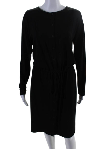 Eileen Fisher Womens Button Front Long Sleeve Crew Neck Shirt Dress Black Small