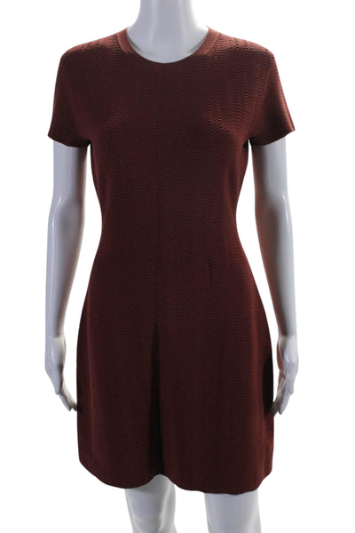 Theory Women's Round Neck Short Sleeves A-Line Textured Mini Dress Brown Size S