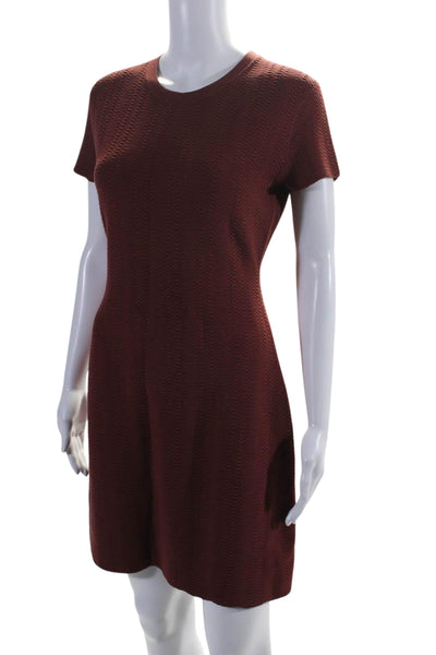 Theory Women's Round Neck Short Sleeves A-Line Textured Mini Dress Brown Size S