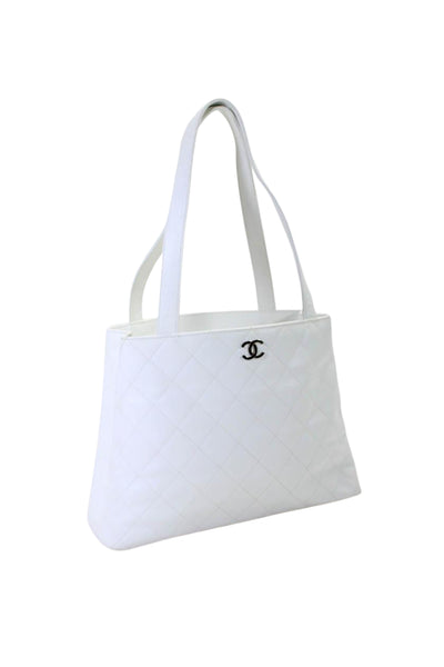 Chanel Womens Quilted Caviar Leather CC Top Handle Open Tote Handbag White