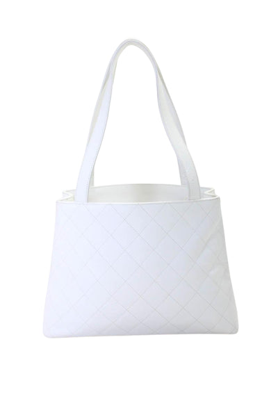 Chanel Womens Quilted Caviar Leather CC Top Handle Open Tote Handbag White