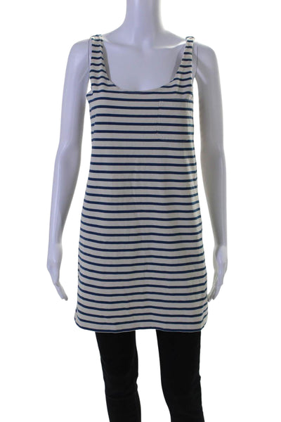 Joie Womens Cotton Striped Print Scoop Neck Tunic Tank Top White Blue Size XS