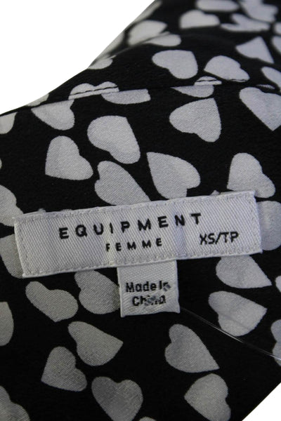 Equipment Femme Womens Silk Chiffon Heart Print Button Down Blouse Black Size XS