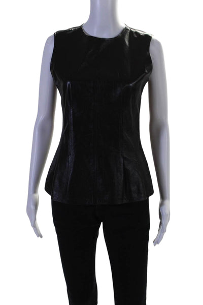 Theory Womens Leather Darted Round Neck Sleeveless Peplum Blouse Black Size 4