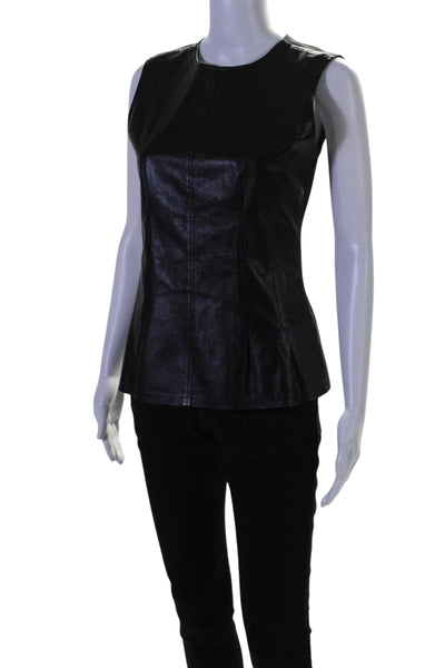 Theory Womens Leather Darted Round Neck Sleeveless Peplum Blouse Black Size 4