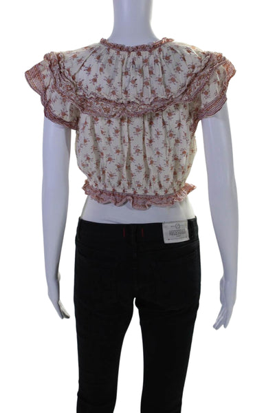 Saylor Womens Floral Print V-Neck Ruffled Short Sleeve Crop Blouse Beige Size S