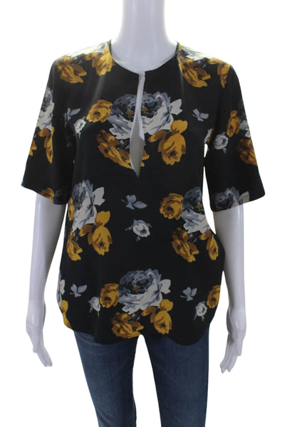 Theory Womens Silk Floral Print Short Sleeve Pullover Blouse Top Navy Size P