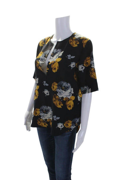 Theory Womens Silk Floral Print Short Sleeve Pullover Blouse Top Navy Size P