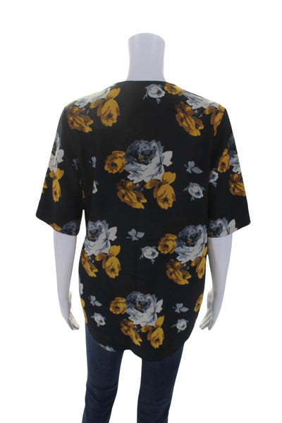 Theory Womens Silk Floral Print Short Sleeve Pullover Blouse Top Navy Size P