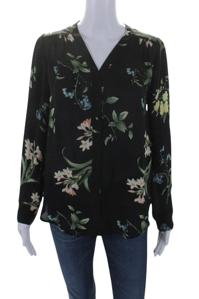 Joie Womens Silk Floral V-Neck Long Sleeve Button Up Blouse Top Black Size XS