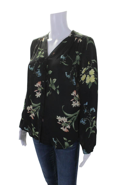 Joie Womens Silk Floral V-Neck Long Sleeve Button Up Blouse Top Black Size XS