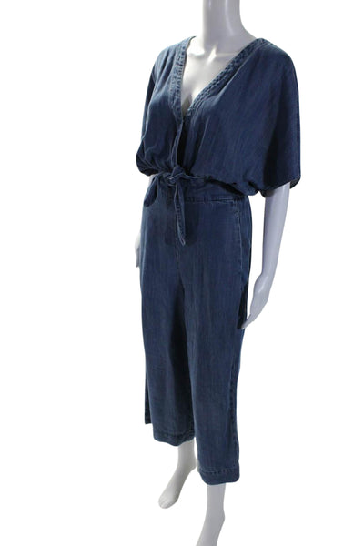 Splendid Womens Short Sleeve V Neck Wide Leg Jumpsuit Blue Size Extra Small