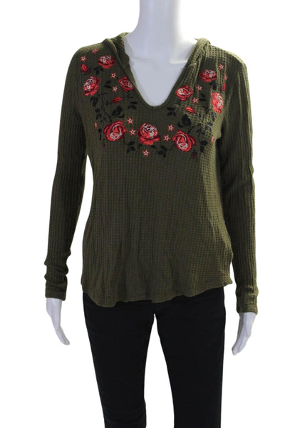 Anthropologie Womens Long Sleeve Floral Embroidered Hooded Top Green Size Small