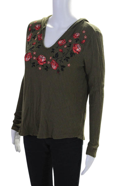 Anthropologie Womens Long Sleeve Floral Embroidered Hooded Top Green Size Small