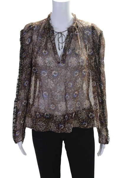 Ulla Johnson Womens Metallic Silk Floral Long Sleeve Blouse Top Brown Size 4