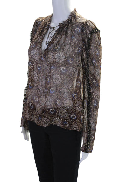 Ulla Johnson Womens Metallic Silk Floral Long Sleeve Blouse Top Brown Size 4