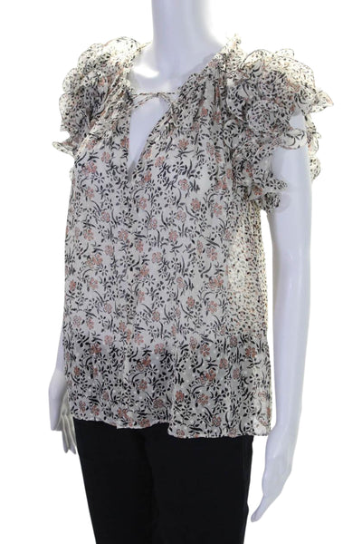 Ulla Johnson Womens Silk Floral V-Neck Short Sleeve Blouse Top Beige Size 4