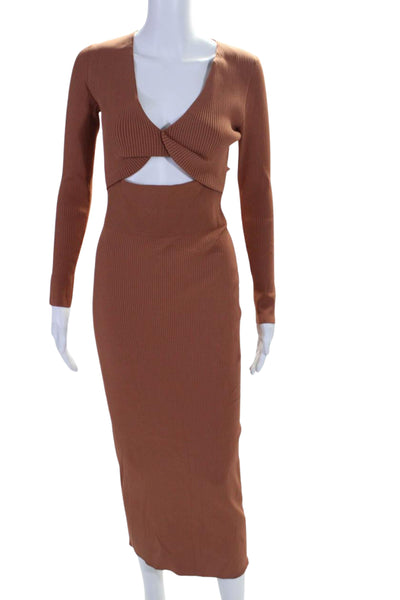 A.L.C. Womens Stretch Rib Cut Out V-Neck Long Sleeve Maxi Dress Orange Size M