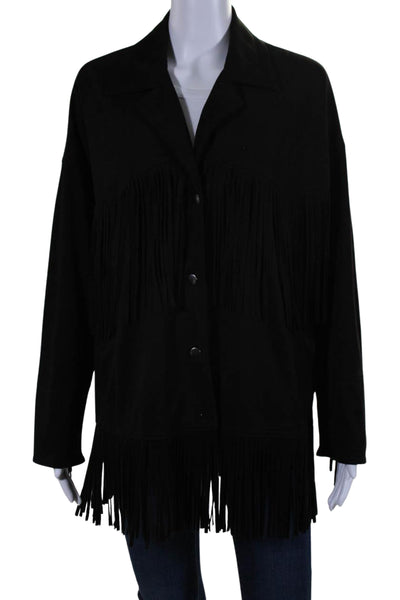 Zara Womens Faux Suede Fringe Trim Button Down Collared Jacket Black Size XS