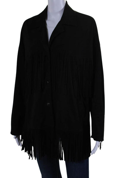 Zara Womens Faux Suede Fringe Trim Button Down Collared Jacket Black Size XS