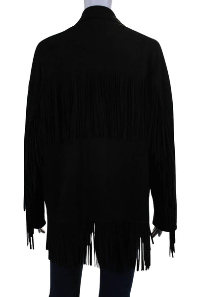 Zara Womens Faux Suede Fringe Trim Button Down Collared Jacket Black Size XS