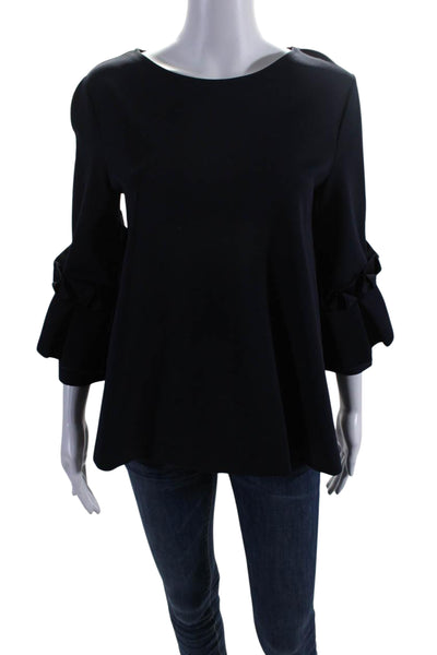 COS Womens Ruffle Detail Round Neck Long Sleeve Pullover Blouse Top Navy Size S