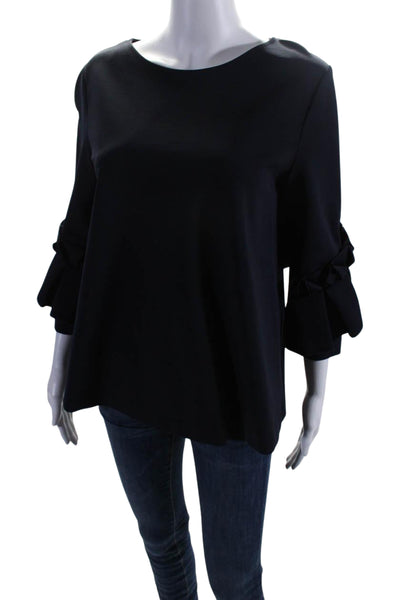 COS Womens Ruffle Detail Round Neck Long Sleeve Pullover Blouse Top Navy Size S