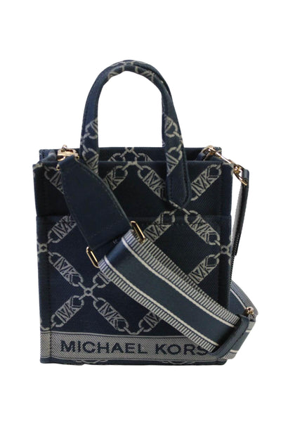 Michael Kors Womens Link Jacquard Canvas Small Satchel Crossbody Handbag Navy