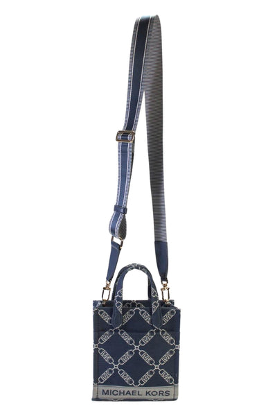 Michael Kors Womens Link Jacquard Canvas Small Satchel Crossbody Handbag Navy