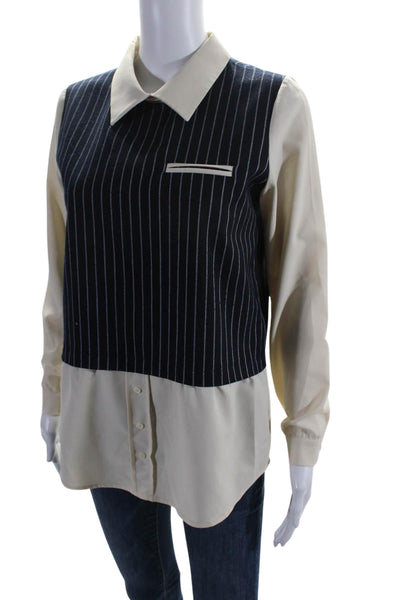 Miss Patina Womens Striped Collared Long Sleeve Pullover Blouse Top Navy Size S