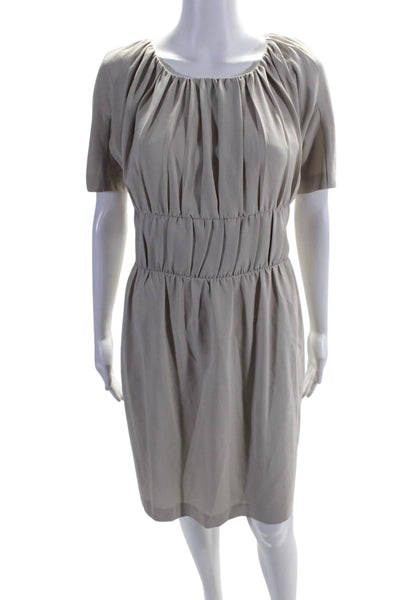 Jil Sander Womens Pleated Round Neck Short Sleeve Zip Up Dress Beige Size 34